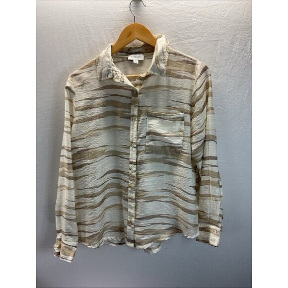 Evereve Clara sheer White Tan Stripe Button Down Blouse Career Neutral size S‎ - Picture 1 of 7